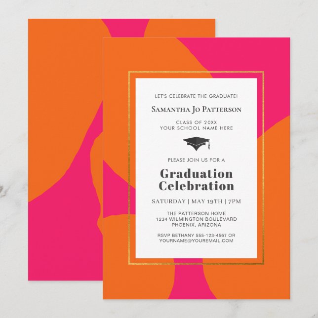 Invitación Partido de graduación de moda de Naranja rosado ca (Anverso / Reverso)