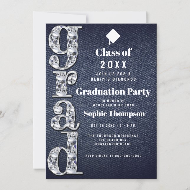 Invitación Partido de Graduación de Moda Denim Diamonds Bling (Anverso)