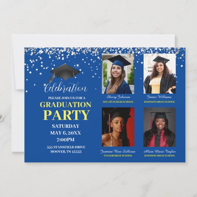 Invitación Partido de Graduación de múltiples fotos azules y  (Anverso)