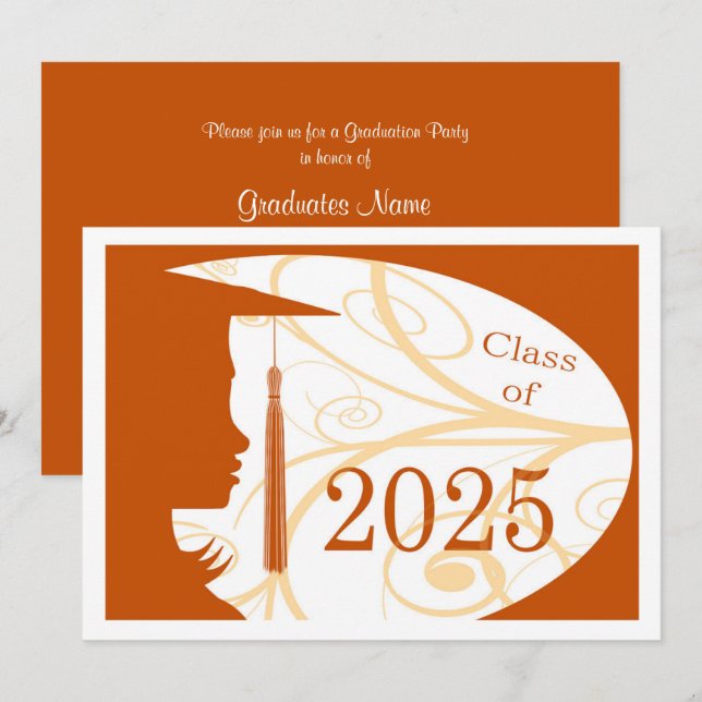 Invitación Partido de Graduación de naranja y Silhouette Blan (Anverso / Reverso)