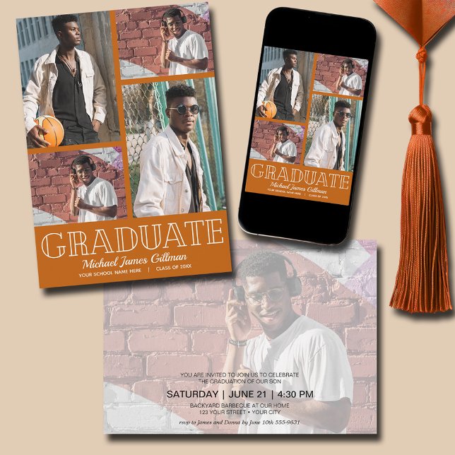 Invitación Partido de Graduación de Naranjas con quemadura de (Multi Photo Burnt Orange Graduation Party Invitations - PRINTED and/or INSTANT DOWNLOAD)