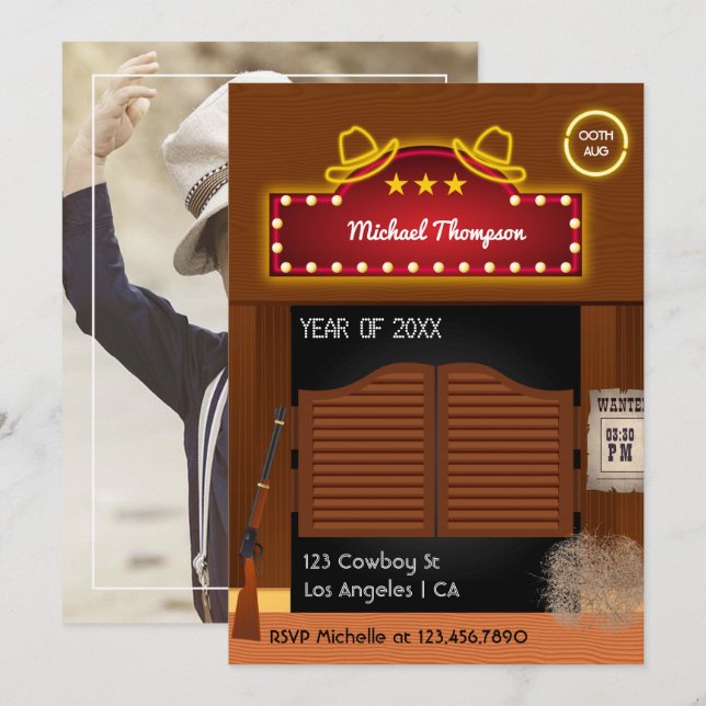 Invitación Partido de Graduación de Neon Wild West Cowboy (Anverso / Reverso)