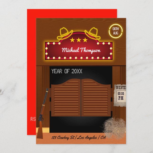 Invitación Partido de Graduación de Neon Wild West Cowboy (Anverso / Reverso)