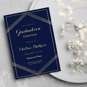 Invitación Partido de Graduación de oro azul marino geométric