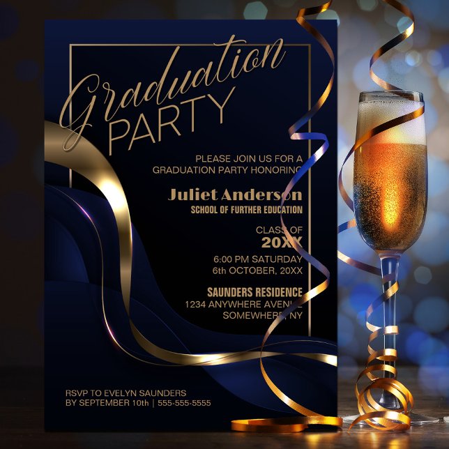 Invitación Partido de graduación de oro azul moderno (Subido por el creador)