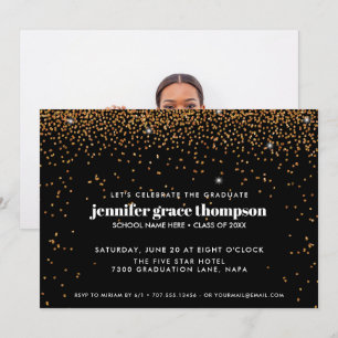 Invitación Partido de Graduación de Oro Confetti y Foto NEGRA