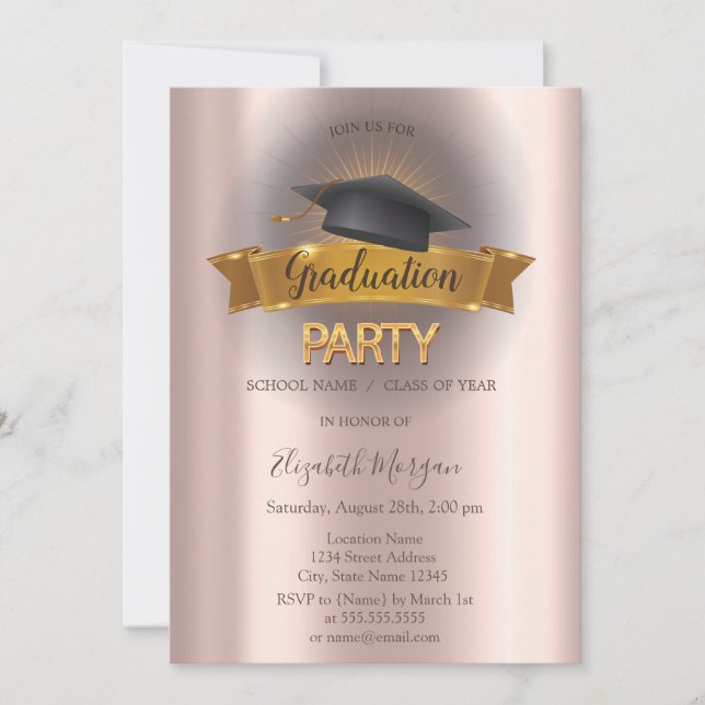 Invitación Partido de Graduación de Oro de Black Grad Cap Ros (Anverso)