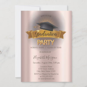 Invitación Partido de Graduación de Oro de Black Grad Cap Ros
