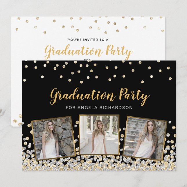 Invitación Partido de Graduación de Oro de Collage de fotos C (Anverso / Reverso)