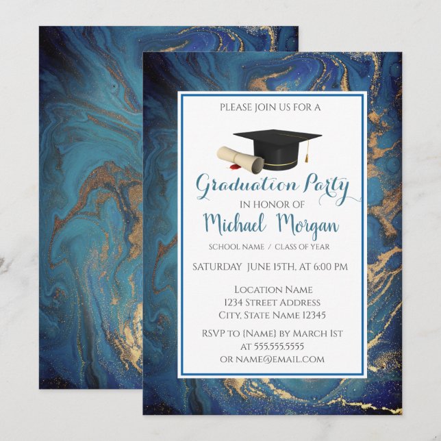 Invitación Partido de Graduación de Oro de Mármol de Graduaci (Anverso / Reverso)