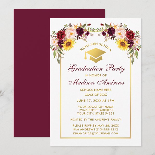 Invitación Partido de Graduación de Oro Floral Mezclado de Ac (Anverso / Reverso)