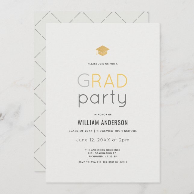 Invitación Partido de Graduación de Oro Gris Moderno minimali (Anverso / Reverso)
