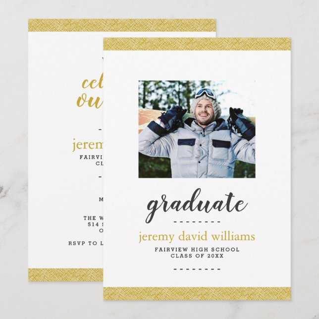 Invitación Partido de Graduación de Oro Moderno y Fotografía  (Anverso / Reverso)