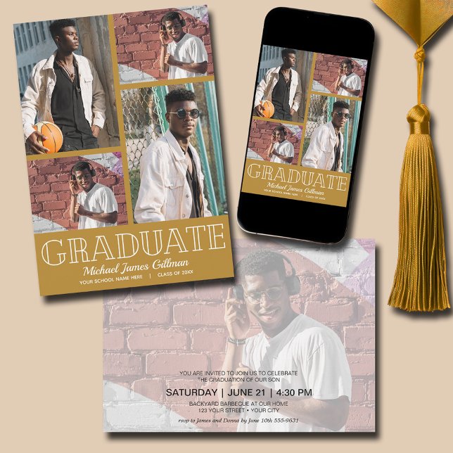 Invitación Partido de Graduación de Oro Multifoto (Multi Photo Gold Graduation Party Invitations - PRINTED and/or INSTANT DOWNLOAD)