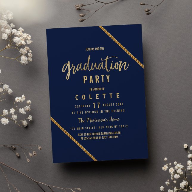 Invitación Partido de Graduación de oro negro azul marino (Simple modern navy blue faux gold Graduation Party Invitation )