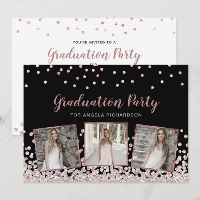 Invitación Partido de Graduación de Oro Rosa de Collage de fo (Anverso / Reverso)