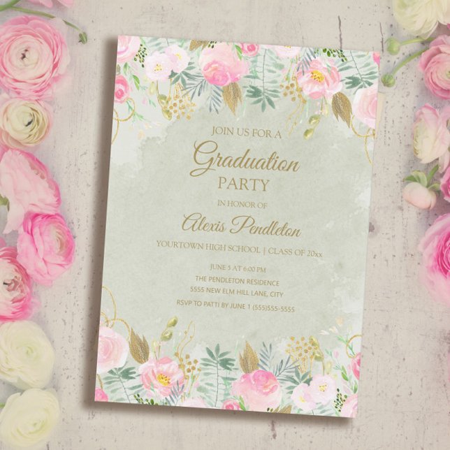 Invitación Partido de Graduación de Oro Verde Floral Rosa de  (Subido por el creador)