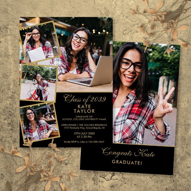 Invitación Partido De Graduación De Oro Y Negro De 5 Collages (Gold And Black 5 Photo Collage Graduation Party Invitation)