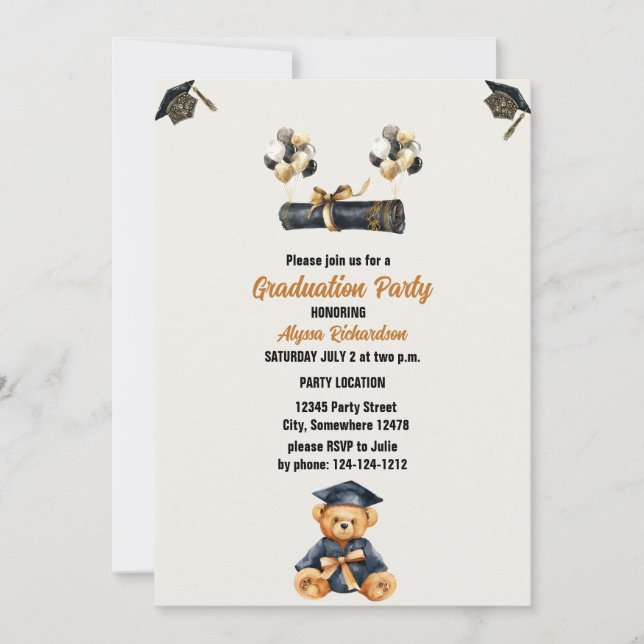Invitación Partido de Graduación de Oso y gorras (Anverso)