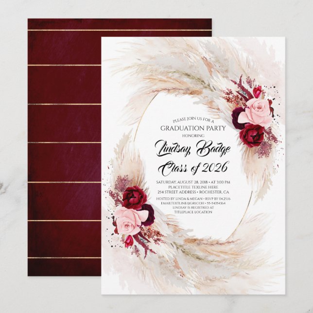 Invitación Partido de Graduación de Pampas de Borgoña Floral  (Anverso / Reverso)