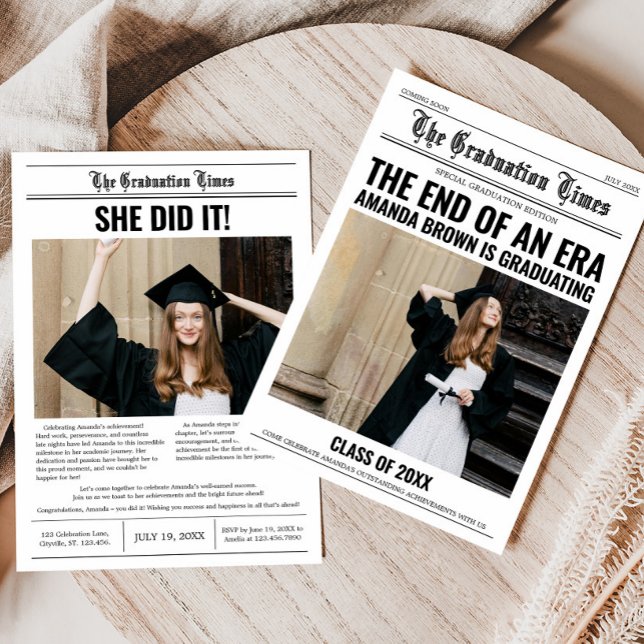 Invitación Partido de Graduación de Periódicos (Graduation Newspaper Photo Graduation Party Invitation with Front and Back)
