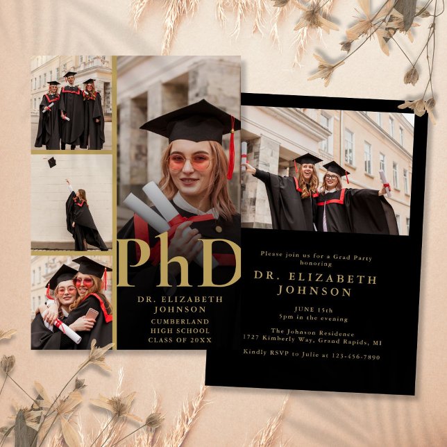 Invitación Partido De Graduación De PhD De Collage de fotos N (Black And Gold Photo Collage PhD Graduation Party Invitation)