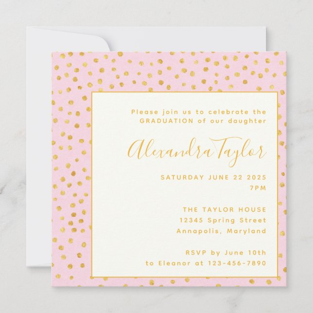 Invitación Partido de Graduación de Pink Gold Confetti Polka  (Anverso)