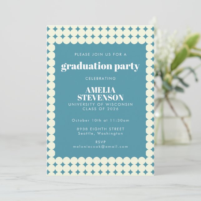 Invitación Partido de Graduación de puntos simples azules de  (Anverso de pie)
