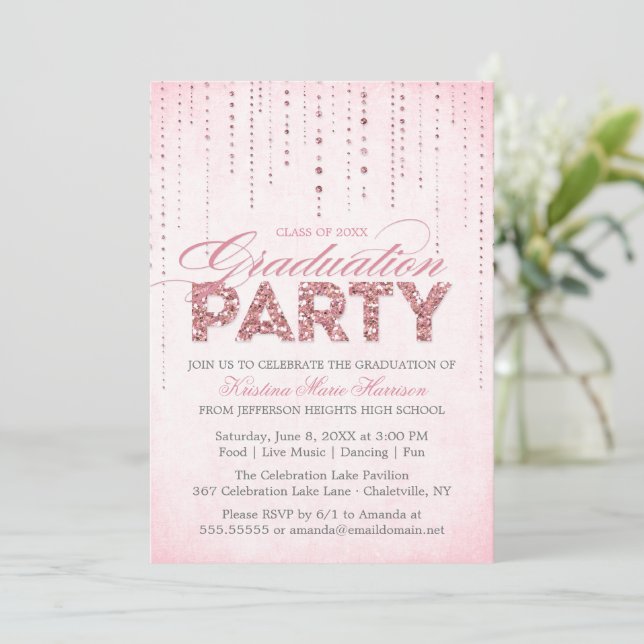 Invitación Partido de graduación de Purpurina de Moda Rosa Gi (Anverso de pie)