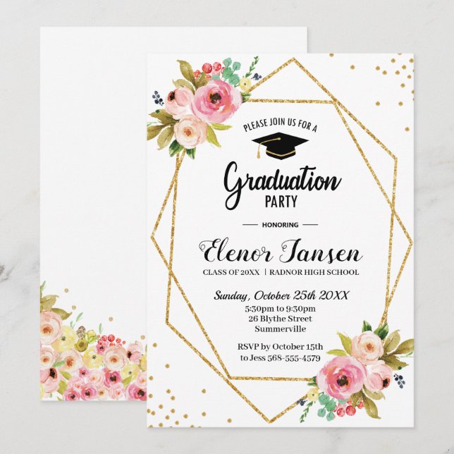 Invitación Partido de Graduación de Purpurina de Oro Geométri (Anverso / Reverso)