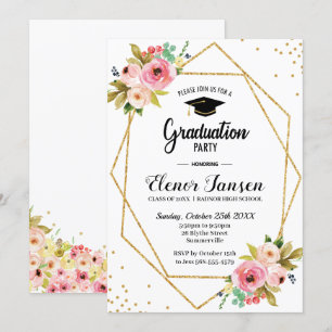 Invitación Partido de Graduación de Purpurina de Oro Geométri
