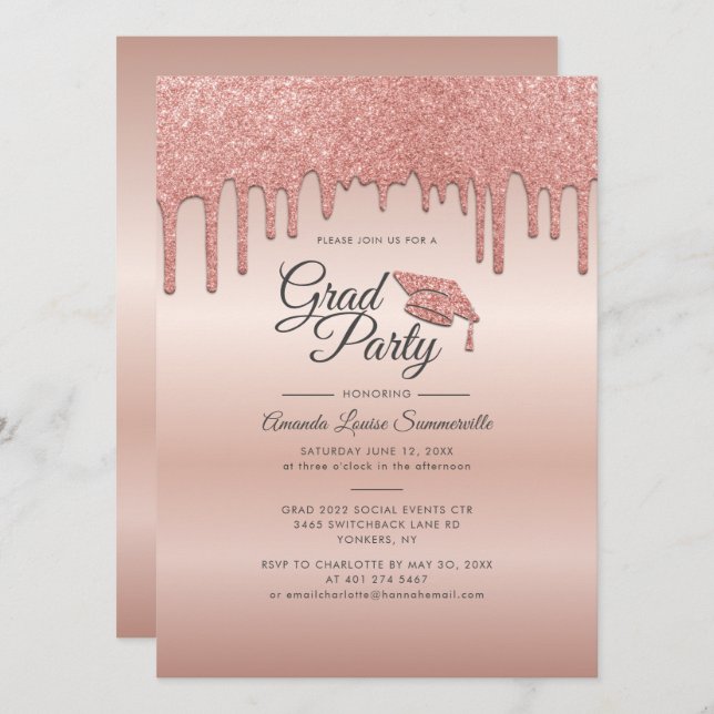 Invitación Partido de Graduación de Purpurina de Oro Rosa Gra (Anverso / Reverso)