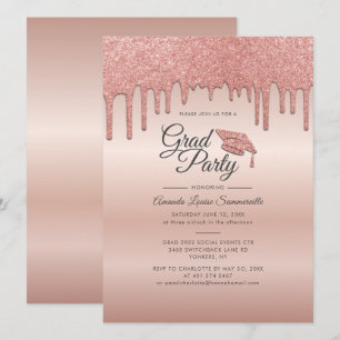 Invitación Partido de Graduación de Purpurina de Oro Rosa Gra