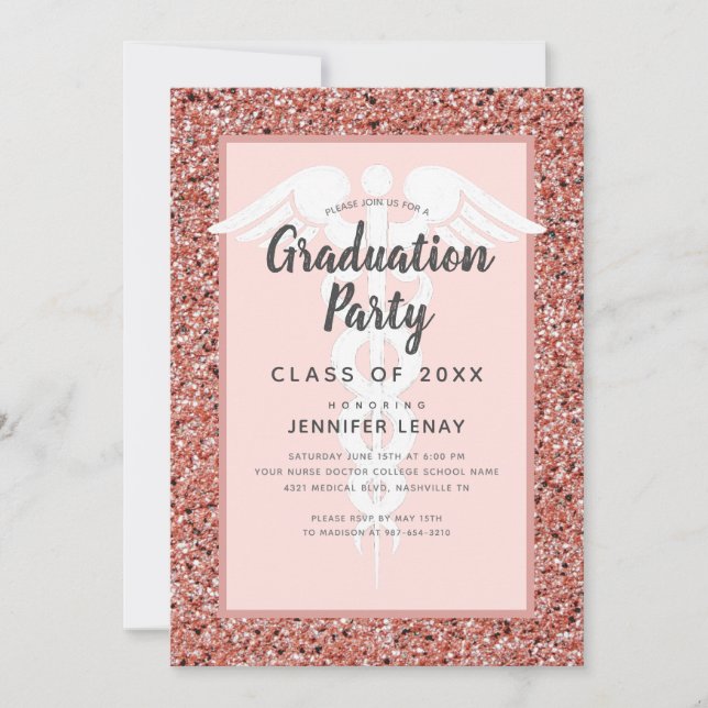 Invitación Partido de Graduación de Purpurina Oro Rosa de la  (Anverso)