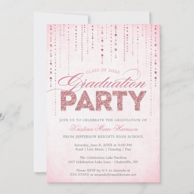 Invitación Partido de Graduación de Purpurina Rosa Girly Gems (Anverso)