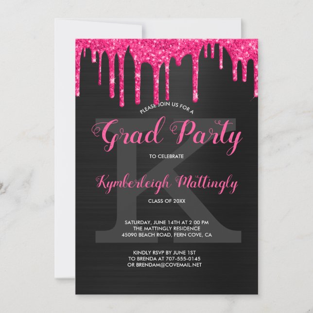 Invitación Partido de Graduación de Purpurina Rosado Caliente (Anverso)