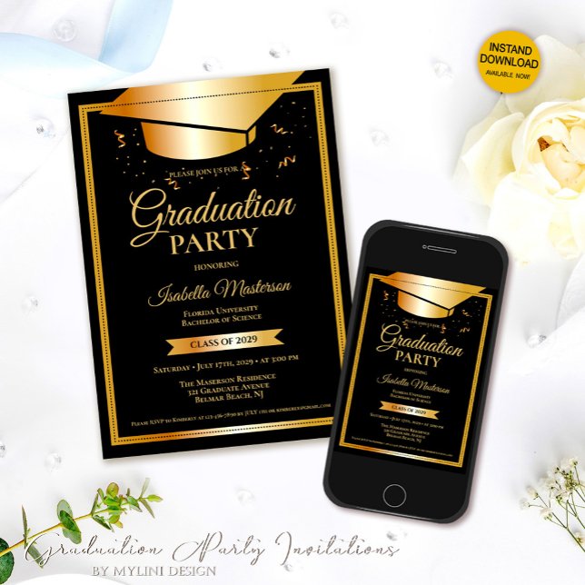 Invitación Partido de Graduación de Purpurinas de Oro Negro (Subido por el creador)