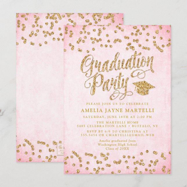 Invitación Partido de Graduación de Purpurinas Glam Pink & Go (Anverso / Reverso)