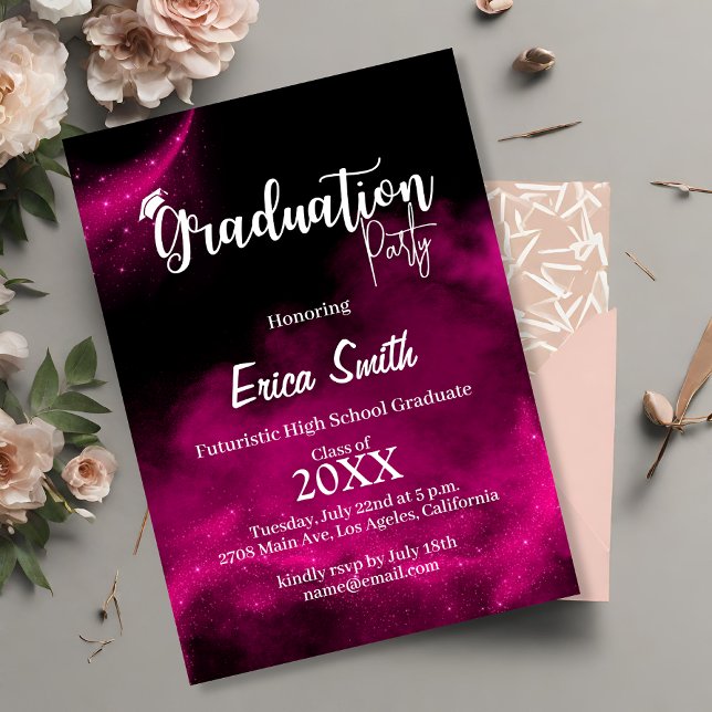 Invitación Partido de Graduación de Purpurinas Negros y Rosa (Subido por el creador)
