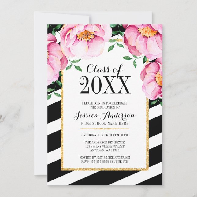 Invitación Partido de Graduación de Rayas Florales de Acuarel (Anverso)