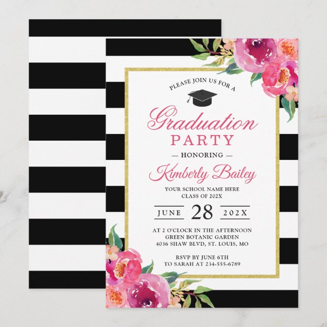 Invitación Partido de Graduación de Rayas Florales Rojas Púrp (Anverso / Reverso)