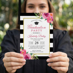 Invitación Partido de Graduación de Rayas Florales Rojas Púrp
