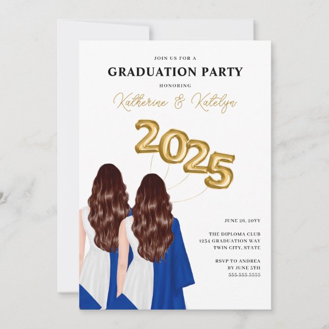 Invitación Partido de Graduación de Retrato de Gemelas (Anverso)