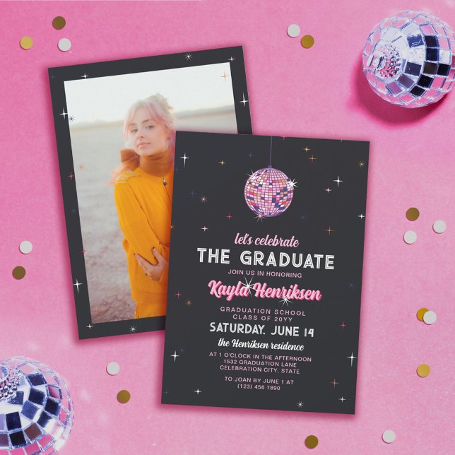 Invitación Partido de Graduación de Retro Rosa Discoball y Br (Subido por el creador)
