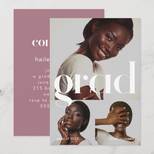 Invitación Partido de Graduación de Rosa Polvoriento de tres  (Anverso / Reverso)