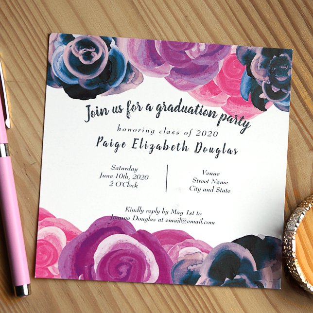 Invitación Partido de Graduación de Rosas Botánicos Azules Vi (Violet, pink, blue big roses botanical graduation party invitation)