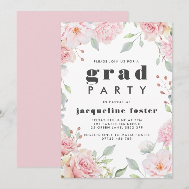 Invitación Partido de graduación de rosas rosadas y Purpurina (Anverso / Reverso)