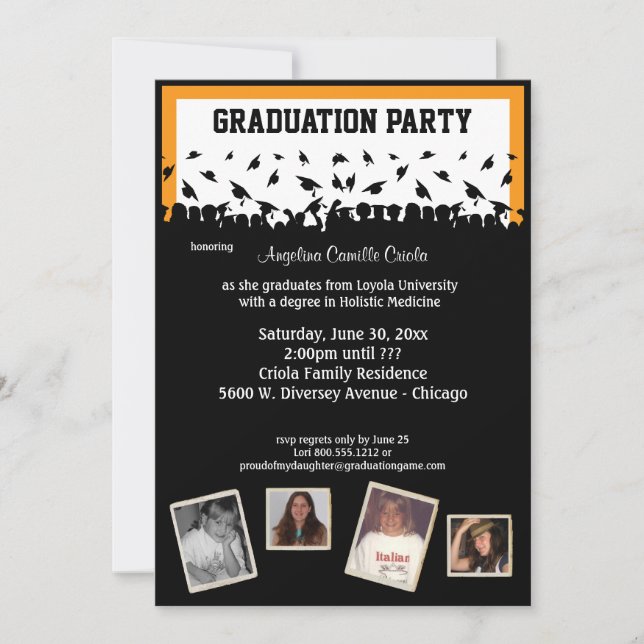 Invitación Partido De Graduación De Silueta Negra Y Naranja (Anverso)