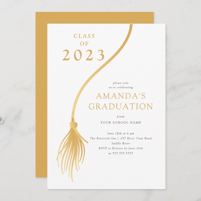 Invitación Partido de Graduación de Tassel Gold Moderno (Anverso / Reverso)
