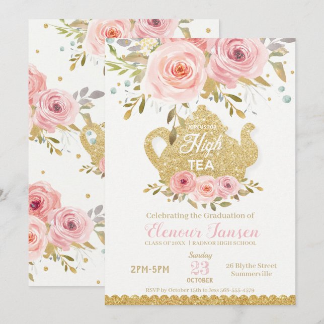 Invitación Partido de Graduación de Té Alto con Floral Rubor  (Anverso / Reverso)